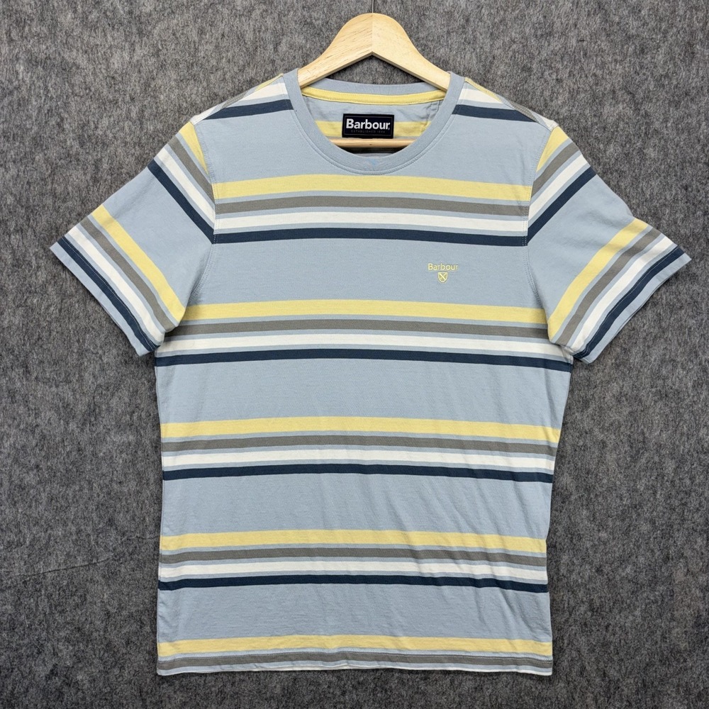 Barbour Shield Logo T-Shirt Men's Small Light Blue Yellow Striped Short Sleeve